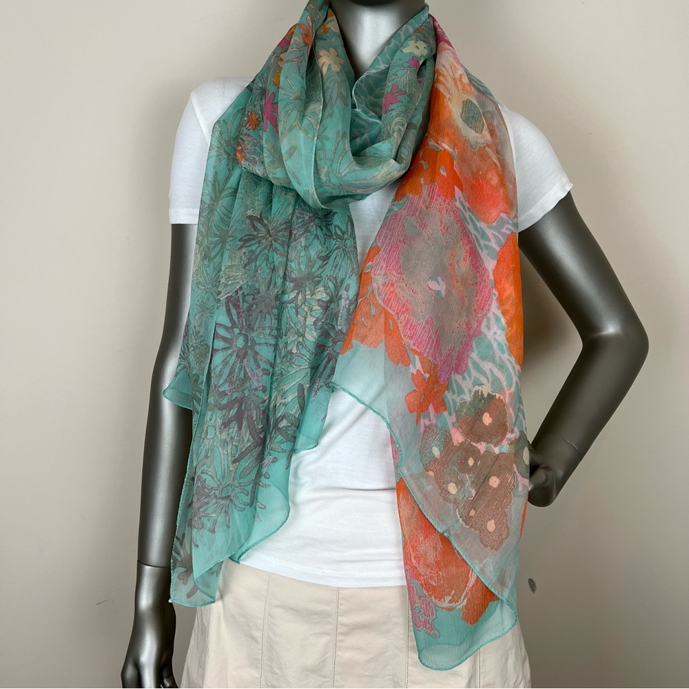 Silk Seafoam Green Pink and Orange Floral Sheer Fall large scarf. 74” x 40”.